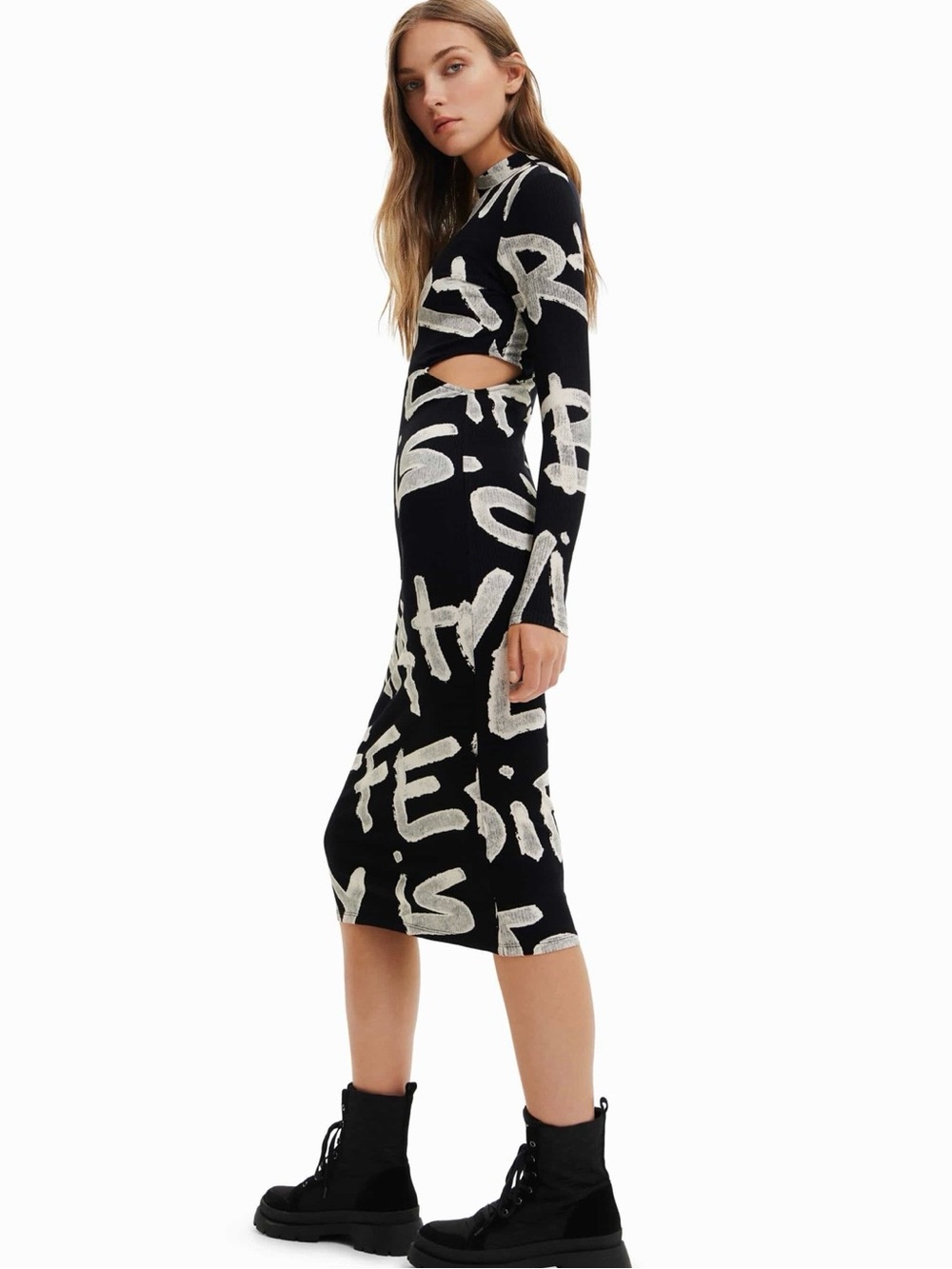 Desigual Manifesto Maya Dress Black & White Graffiti-Print Long Sleeve Bodycon - Picture 5 of 16